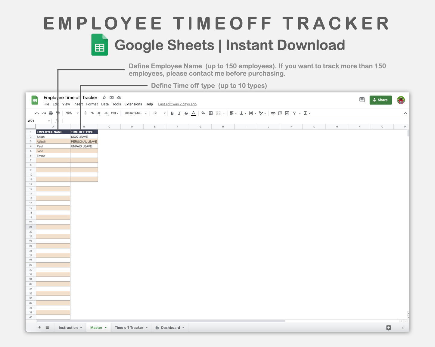 Google Sheets - Employee Time off Tracker - Sweet