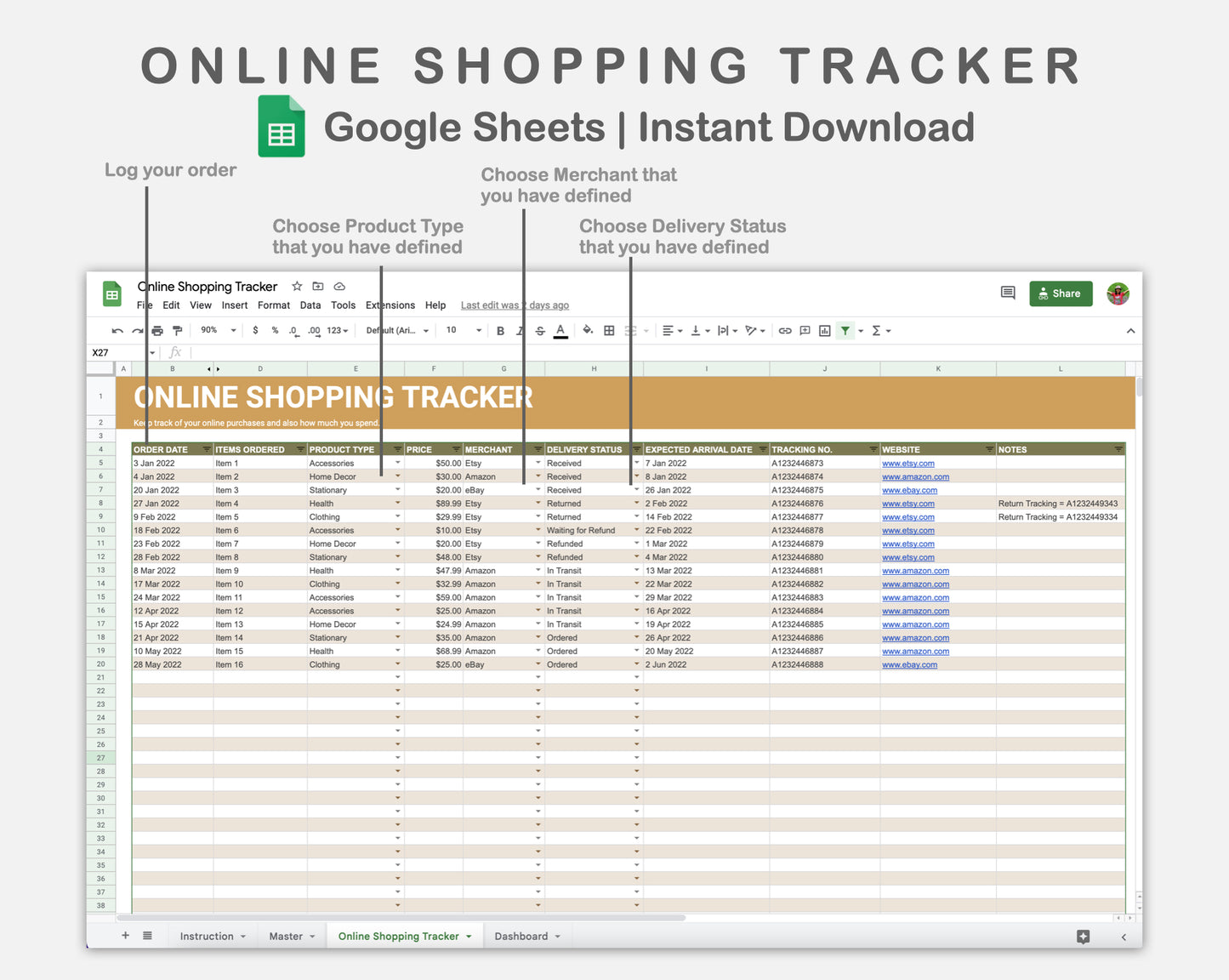 Google Sheets - Online Shopping Tracker - Boho