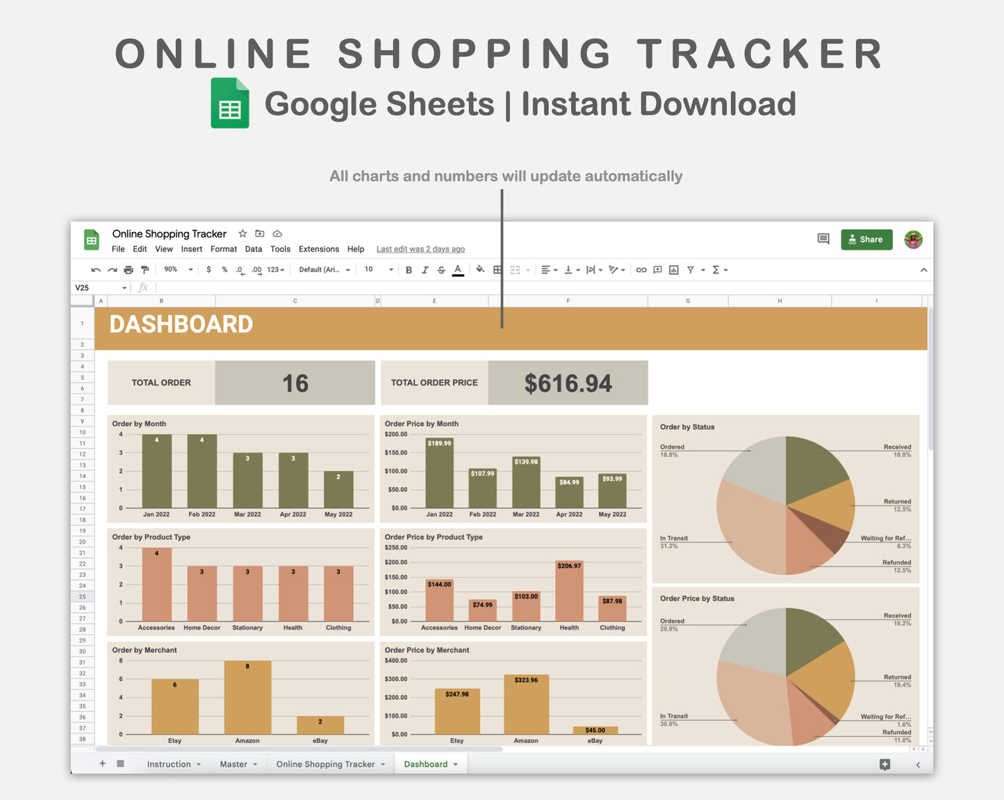 Google Sheets - Online Shopping Tracker - Boho