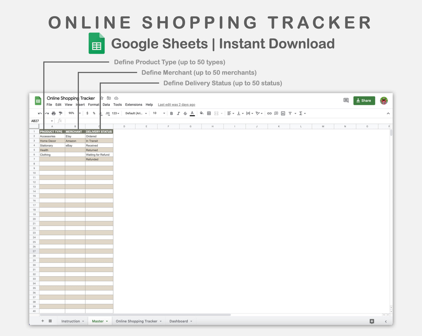 Google Sheets - Online Shopping Tracker - Earthy