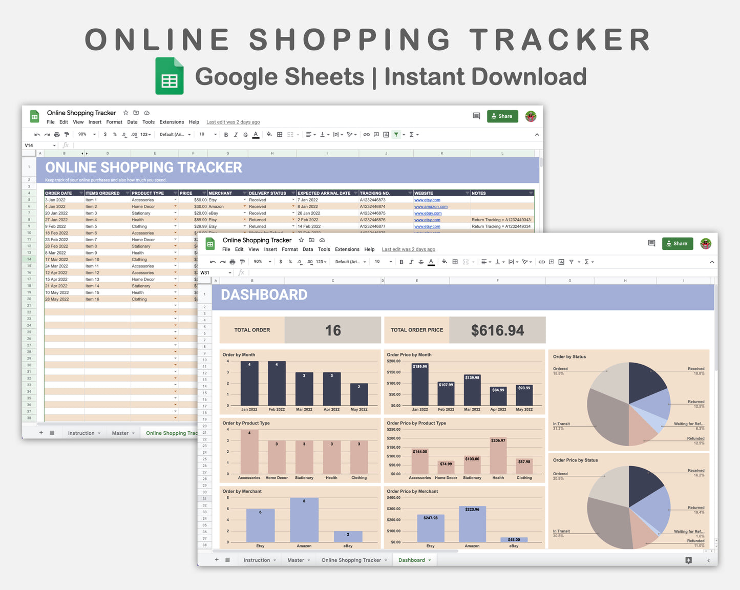 Google Sheets - Online Shopping Tracker - Sweet