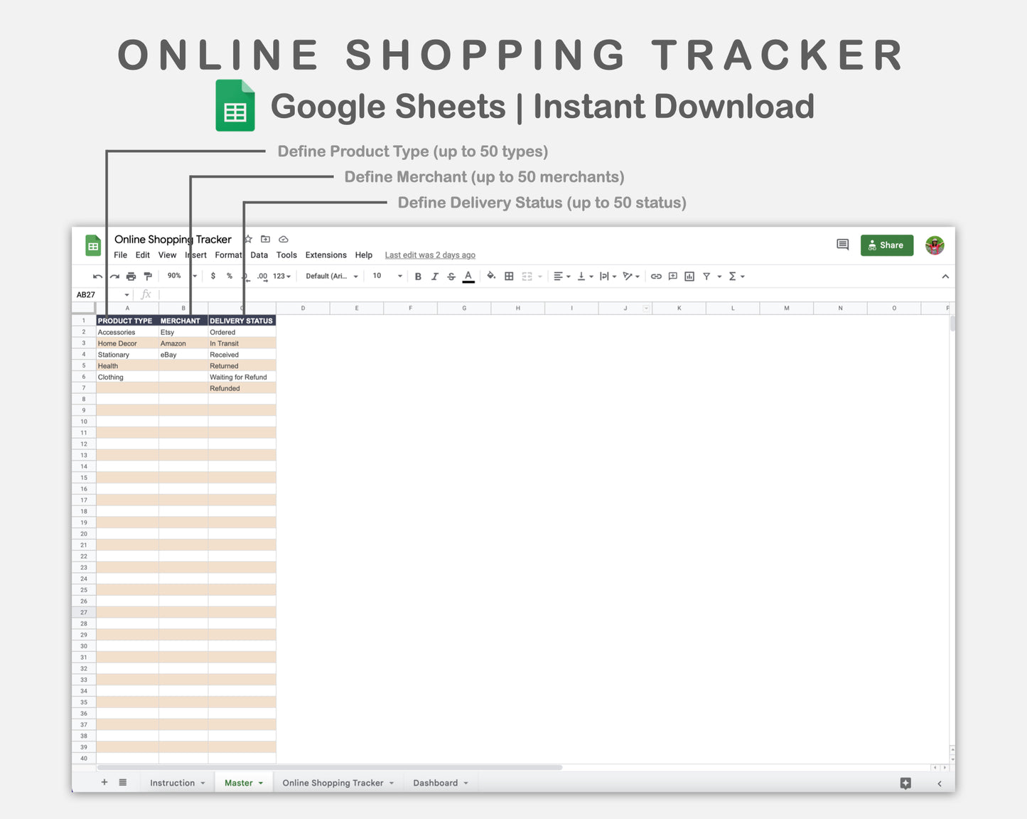 Google Sheets - Online Shopping Tracker - Sweet