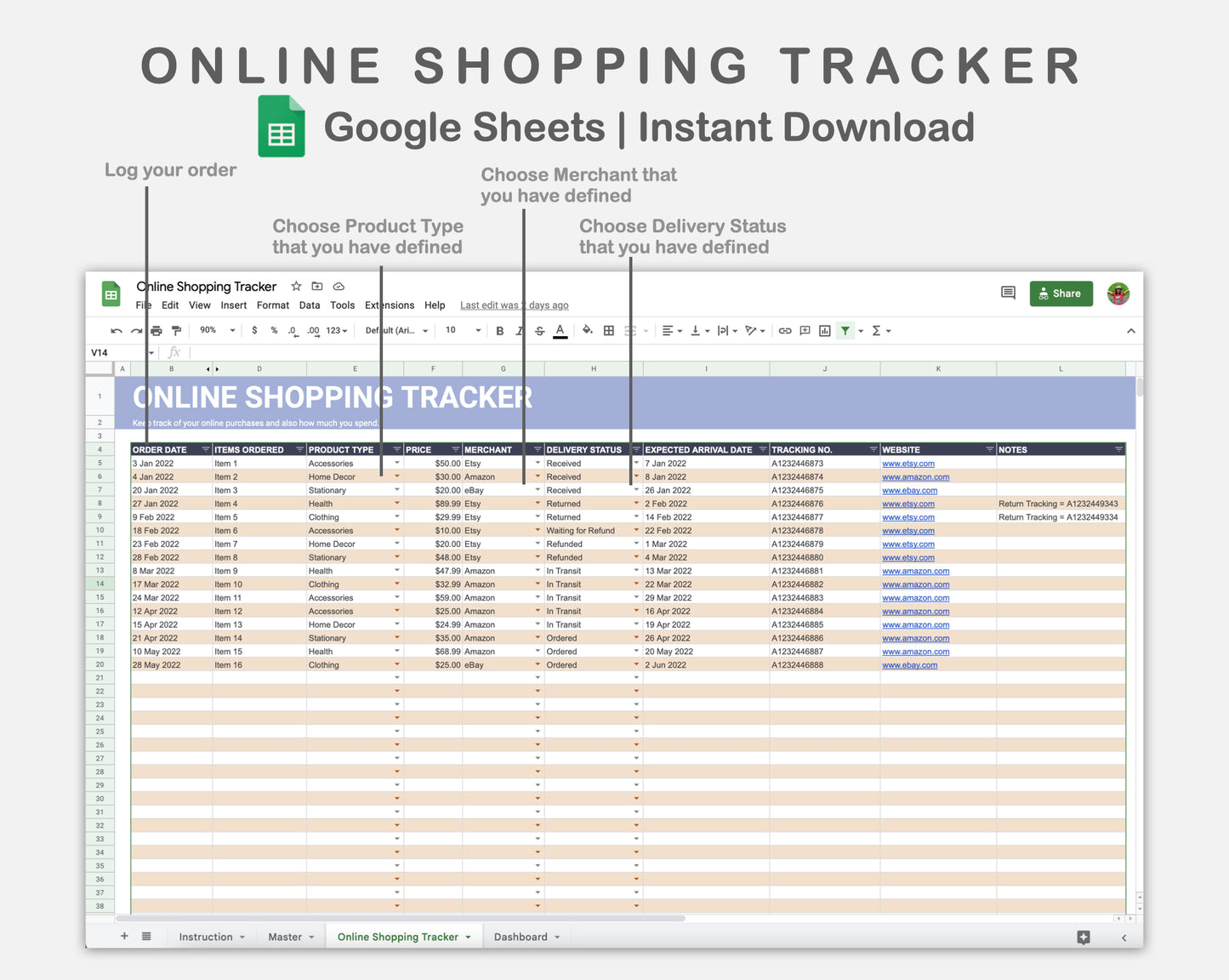 Google Sheets - Online Shopping Tracker - Sweet