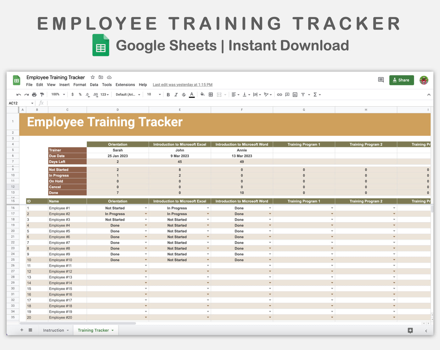 Google Sheets - Employee Training Tracker - Boho