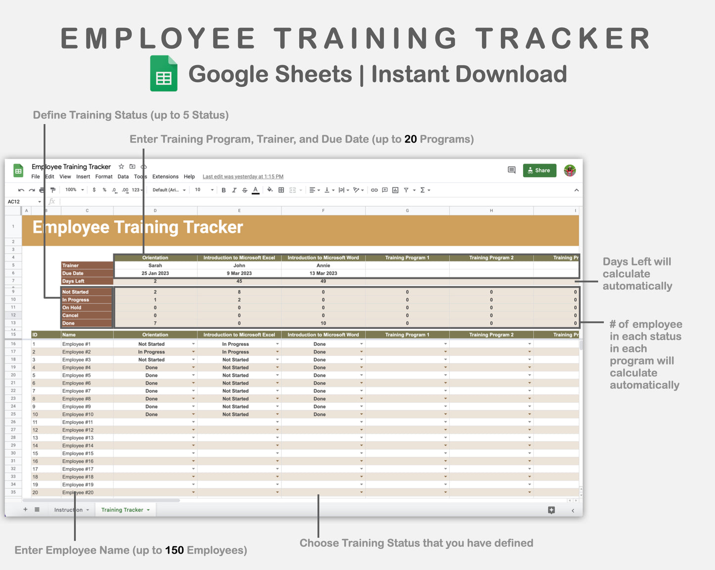 Google Sheets - Employee Training Tracker - Boho