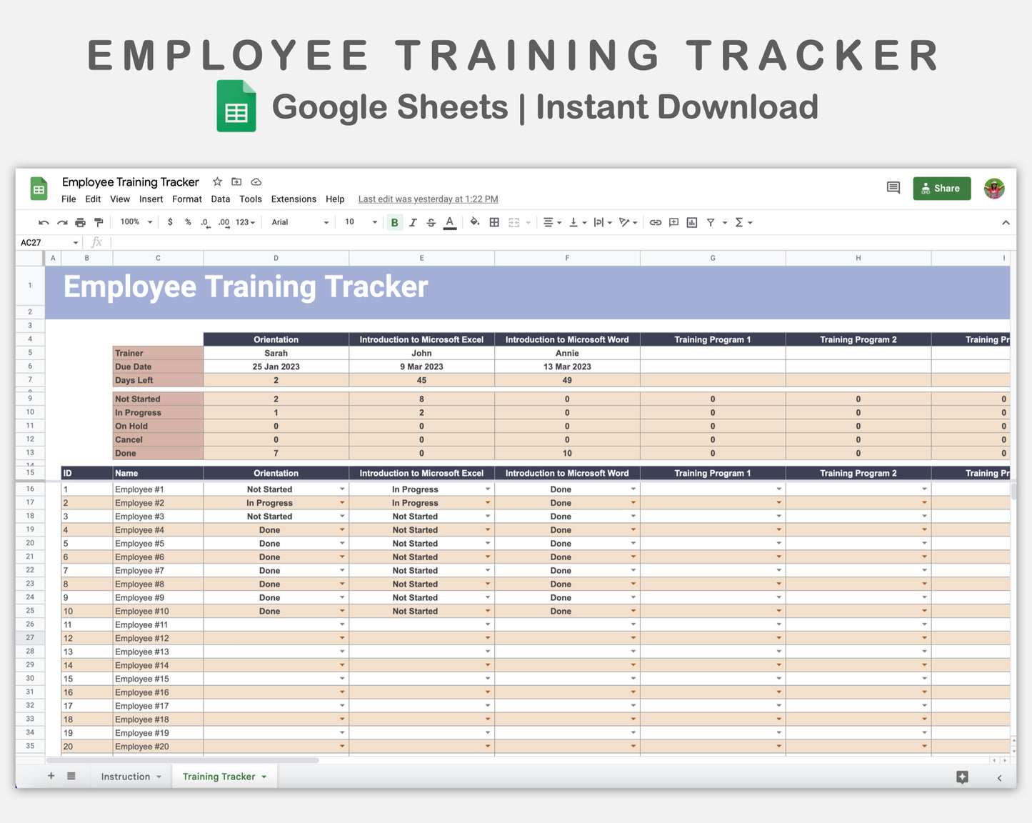 Google Sheets - Employee Training Tracker - Sweet