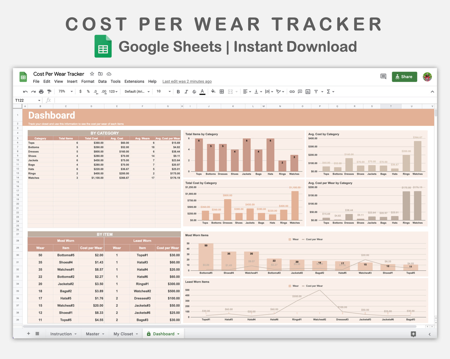 Google Sheets - Cost Per Wear Tracker - Neutral