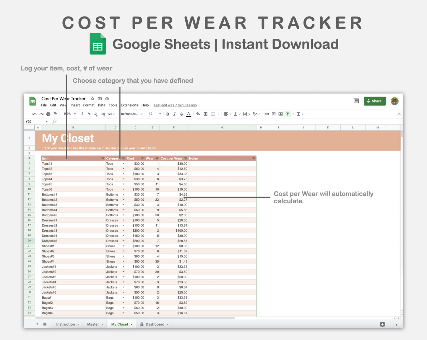 Google Sheets - Cost Per Wear Tracker - Neutral