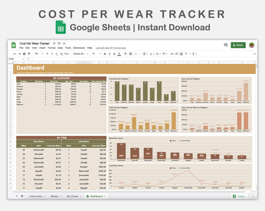 Google Sheets - Cost Per Wear Tracker - Boho