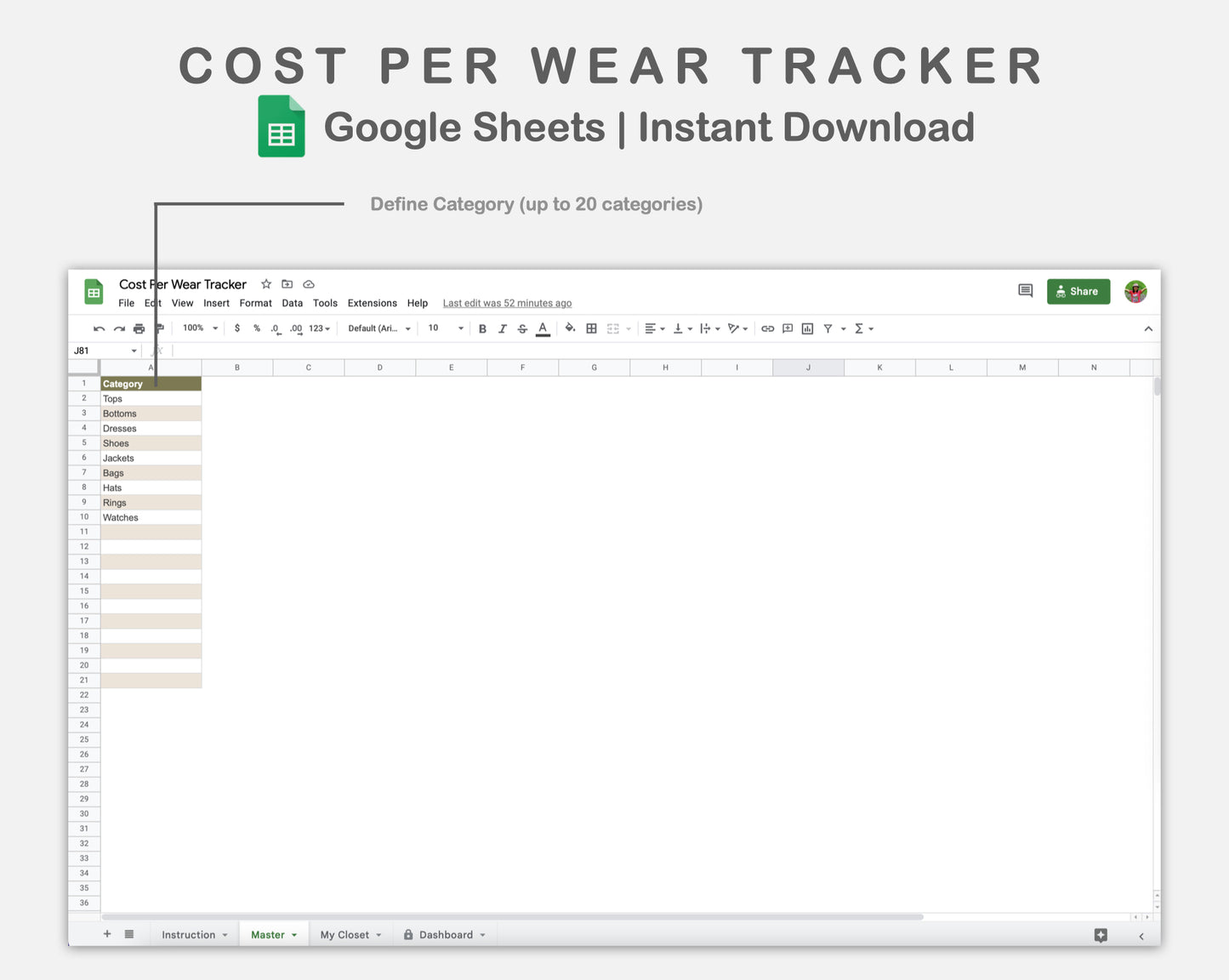 Google Sheets - Cost Per Wear Tracker - Boho