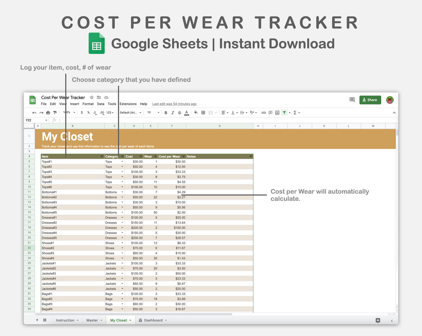 Google Sheets - Cost Per Wear Tracker - Boho