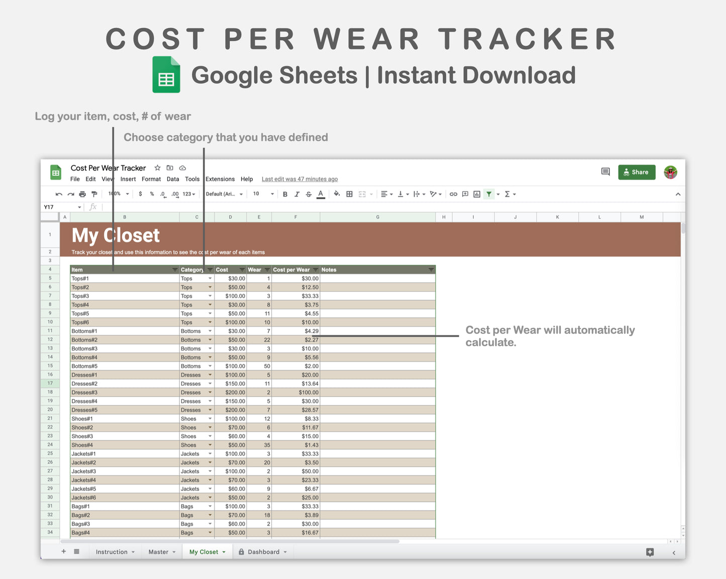 Google Sheets - Cost Per Wear Tracker - Earthy