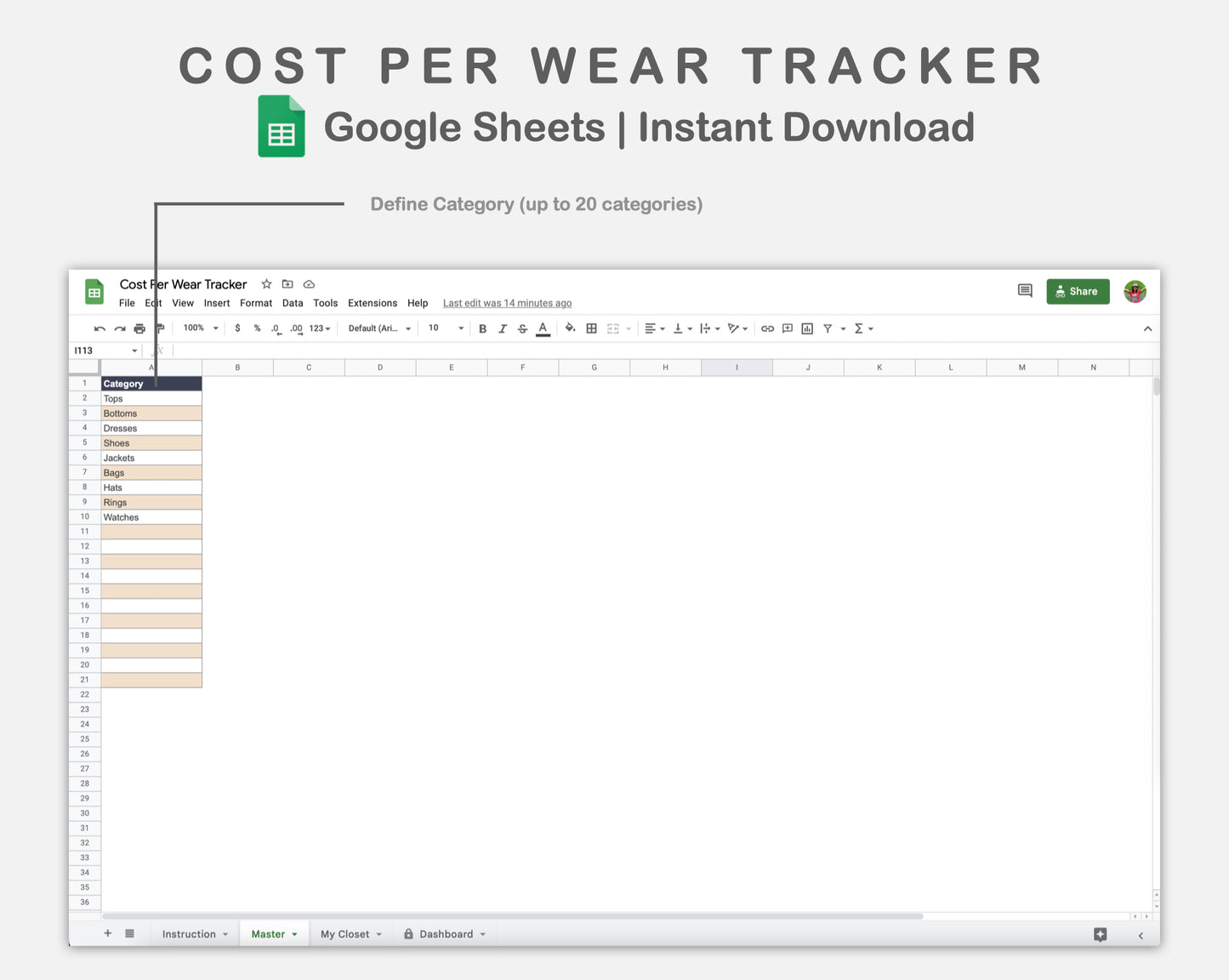 Google Sheets - Cost Per Wear Tracker - Sweet