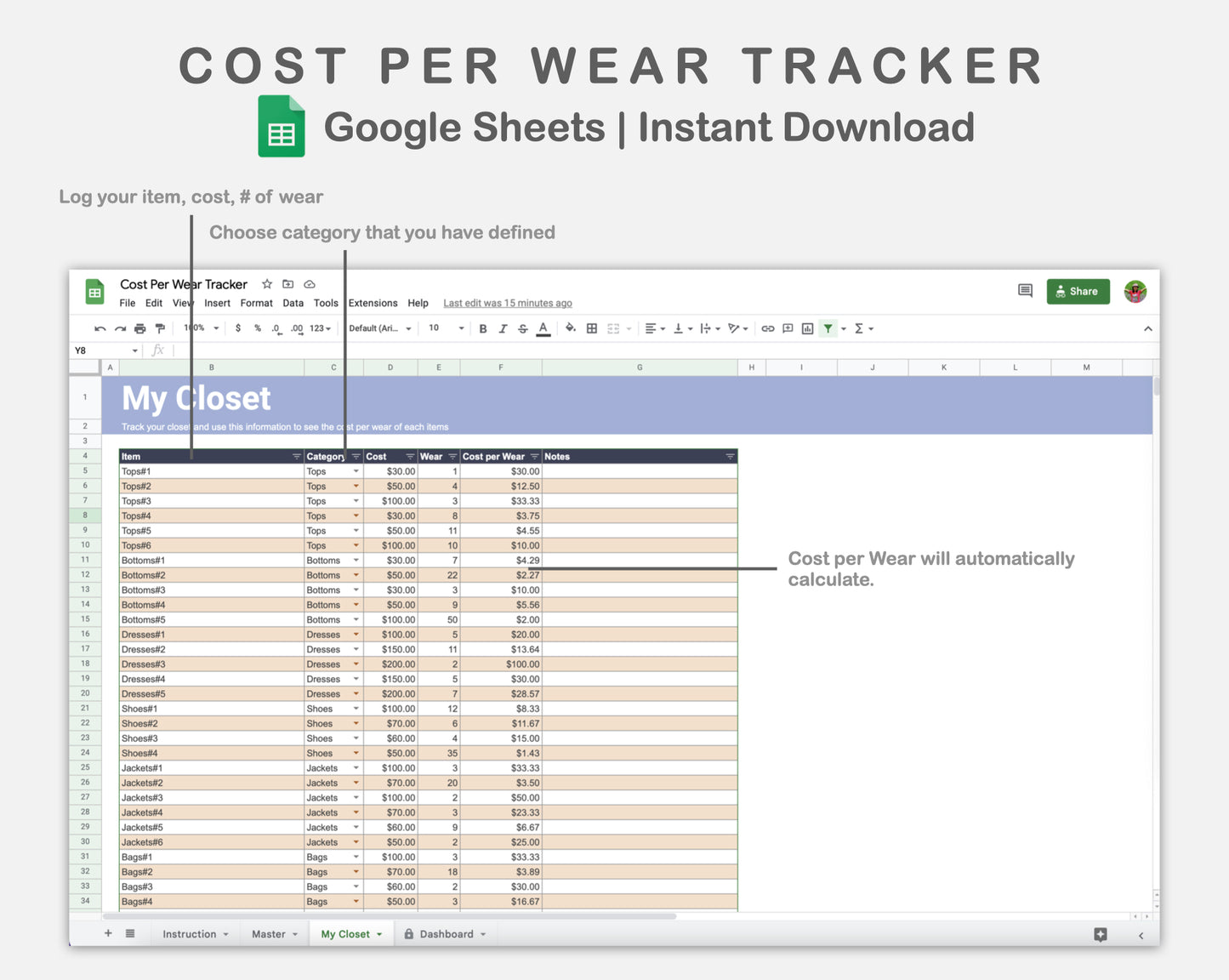Google Sheets - Cost Per Wear Tracker - Sweet