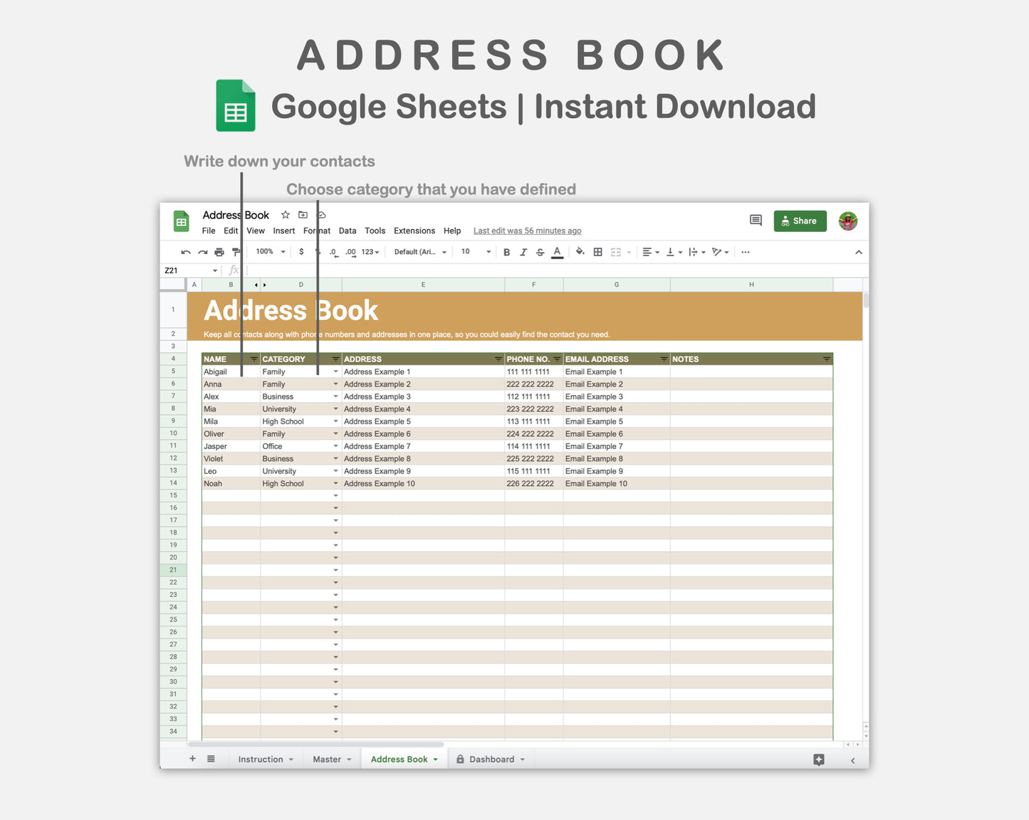 Google Sheets - Address Book - Boho