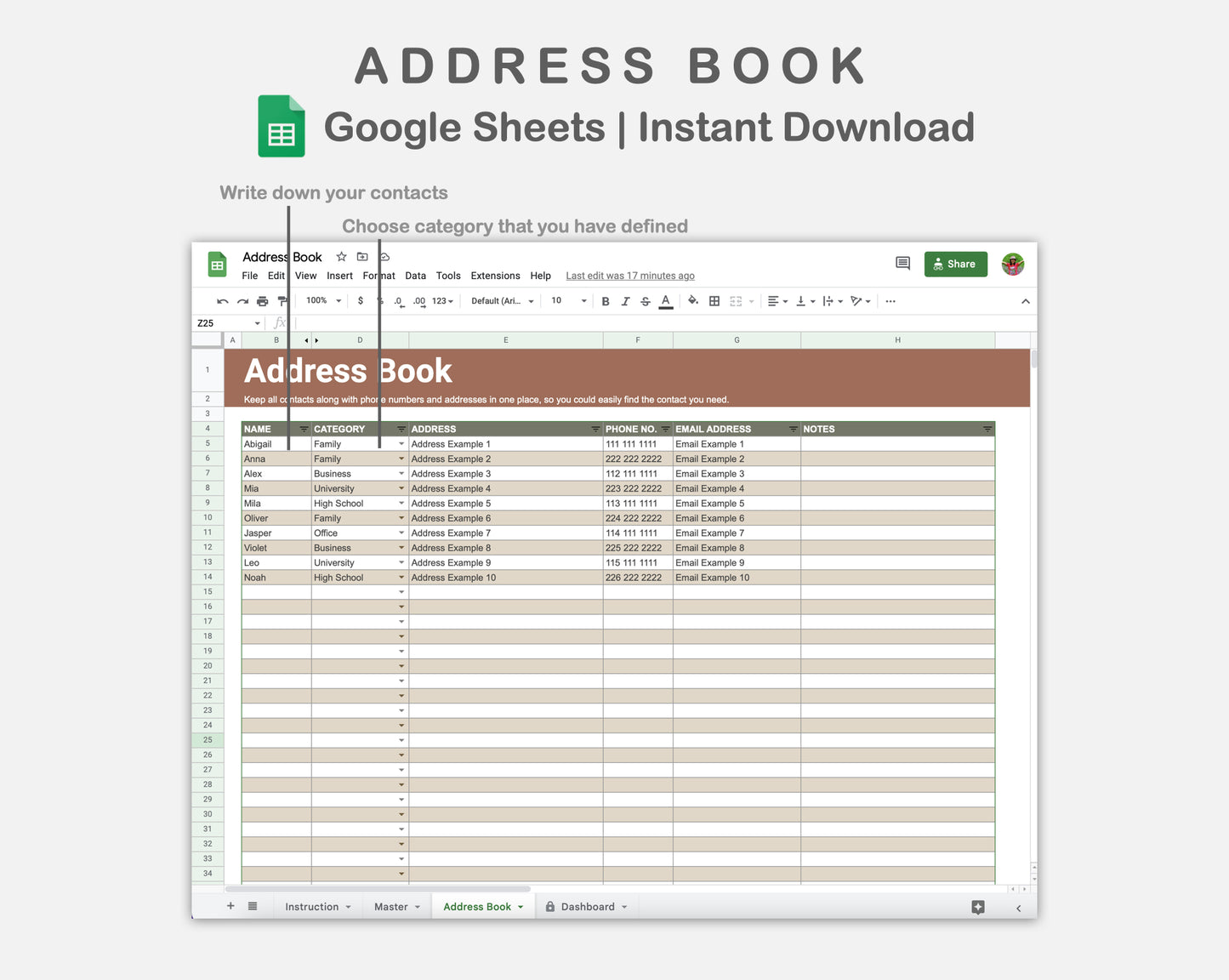 Google Sheets - Address Book - Earthy