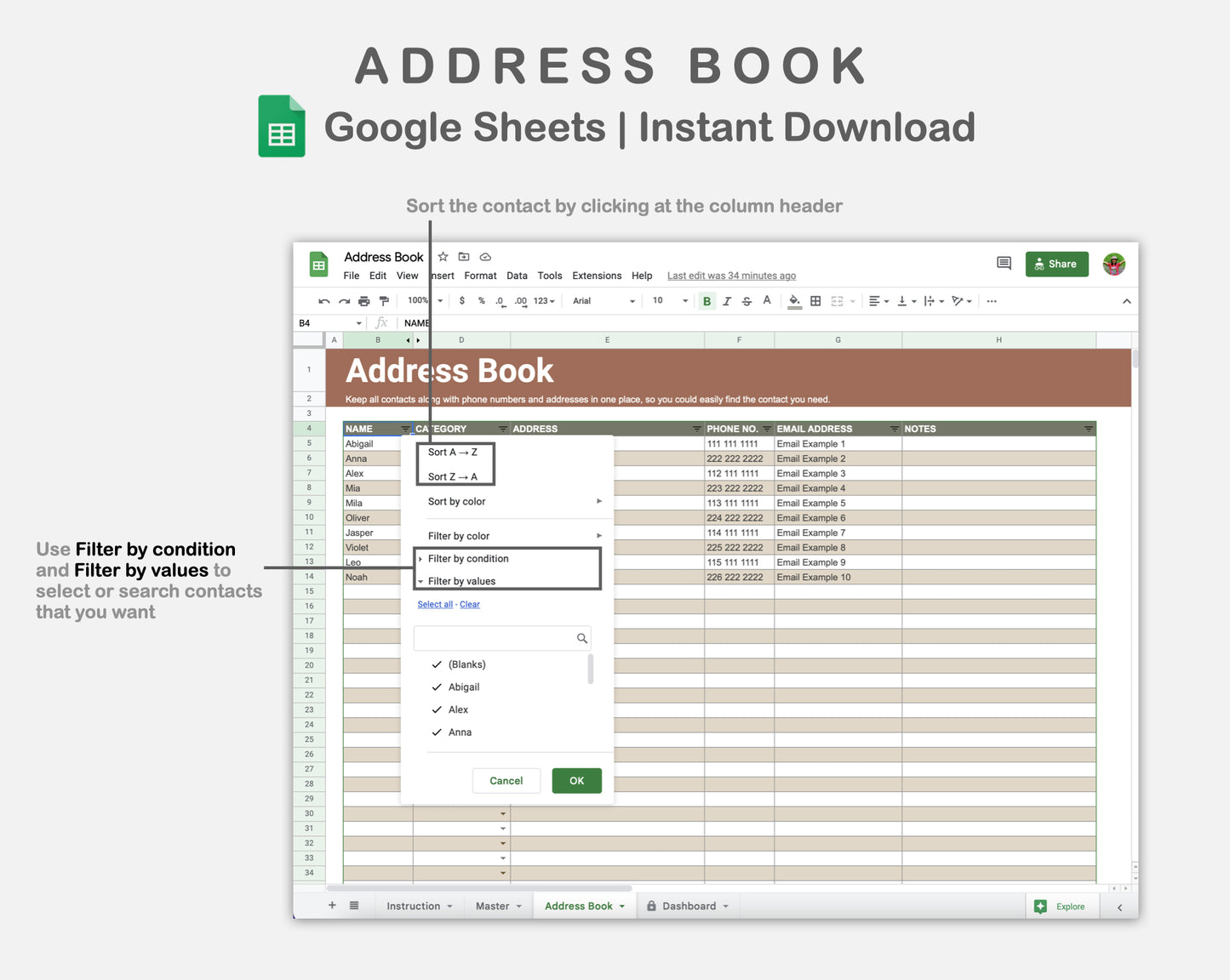 Google Sheets - Address Book - Earthy