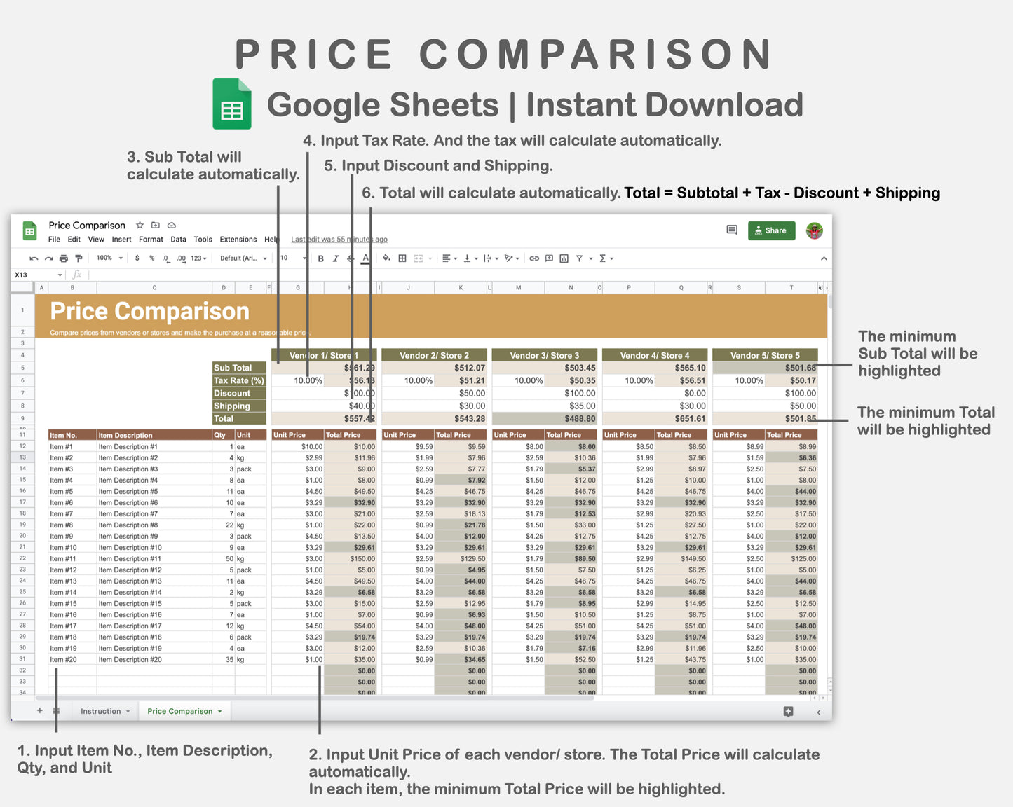 Google Sheets - Price Comparison - Boho
