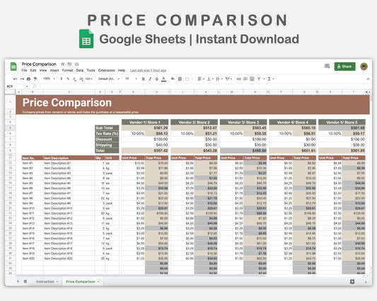 Google Sheets - Price Comparison - Earthy