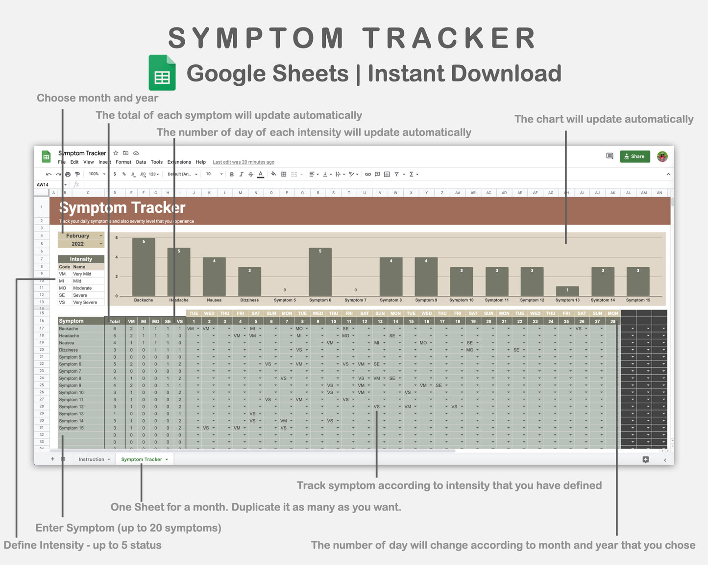 Google Sheets - Symptom Tracker - Earthy