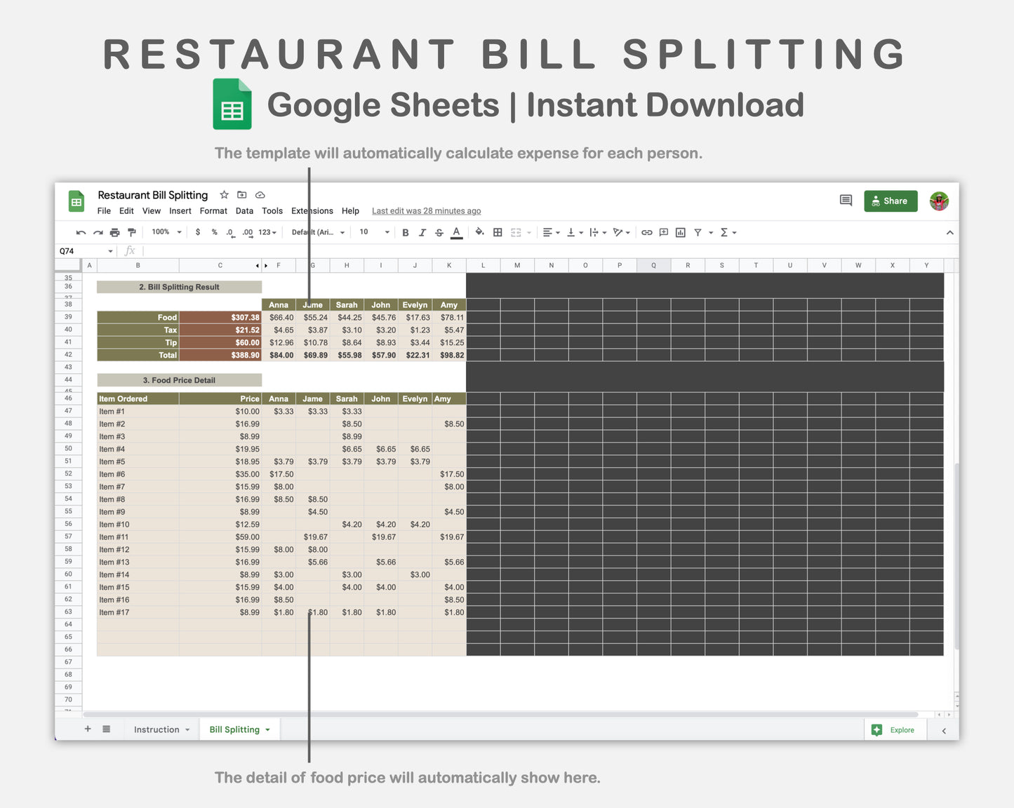 Google Sheets - Restaurant Bill Splitting - Boho