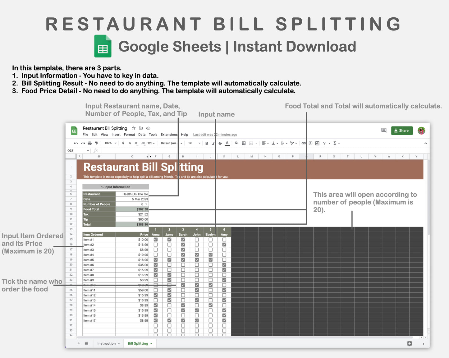 Google Sheets - Restaurant Bill Splitting - Earthy