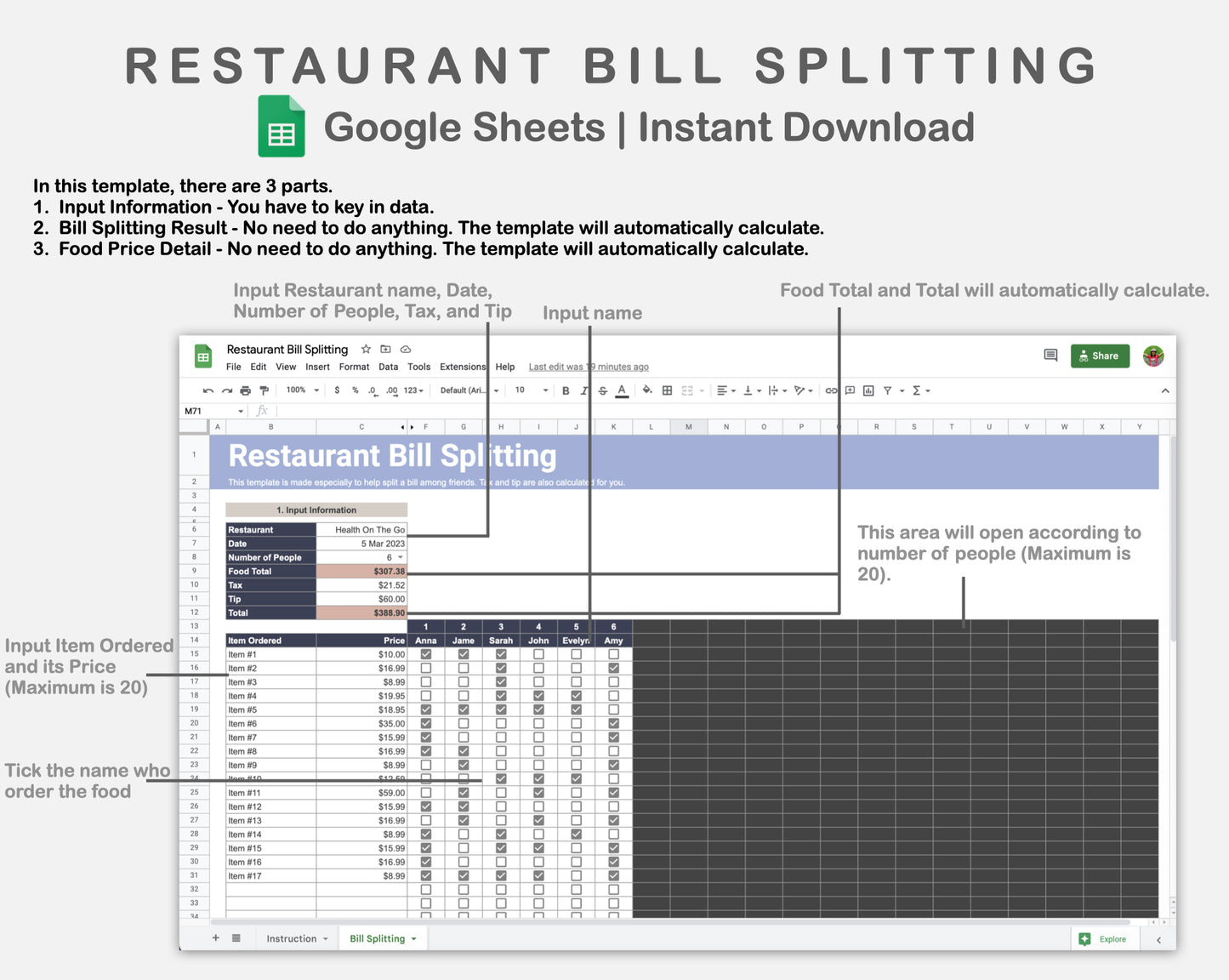 Google Sheets - Restaurant Bill Splitting - Sweet