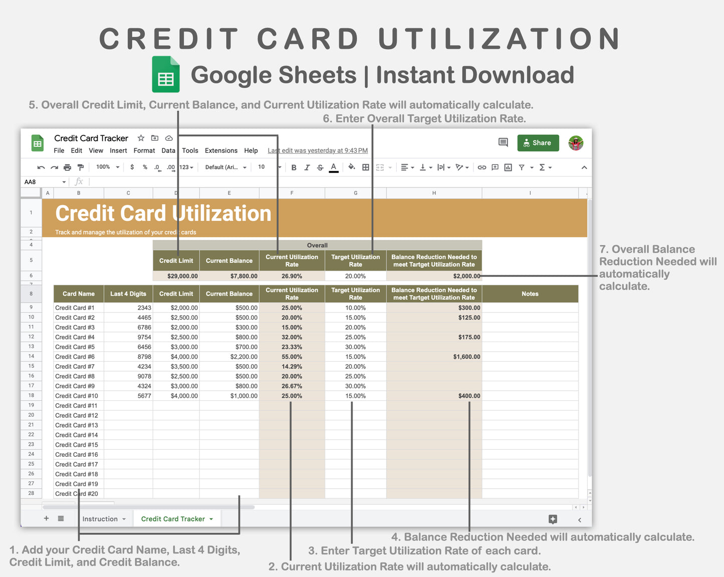 Google Sheets - Credit Card Utilization - Boho