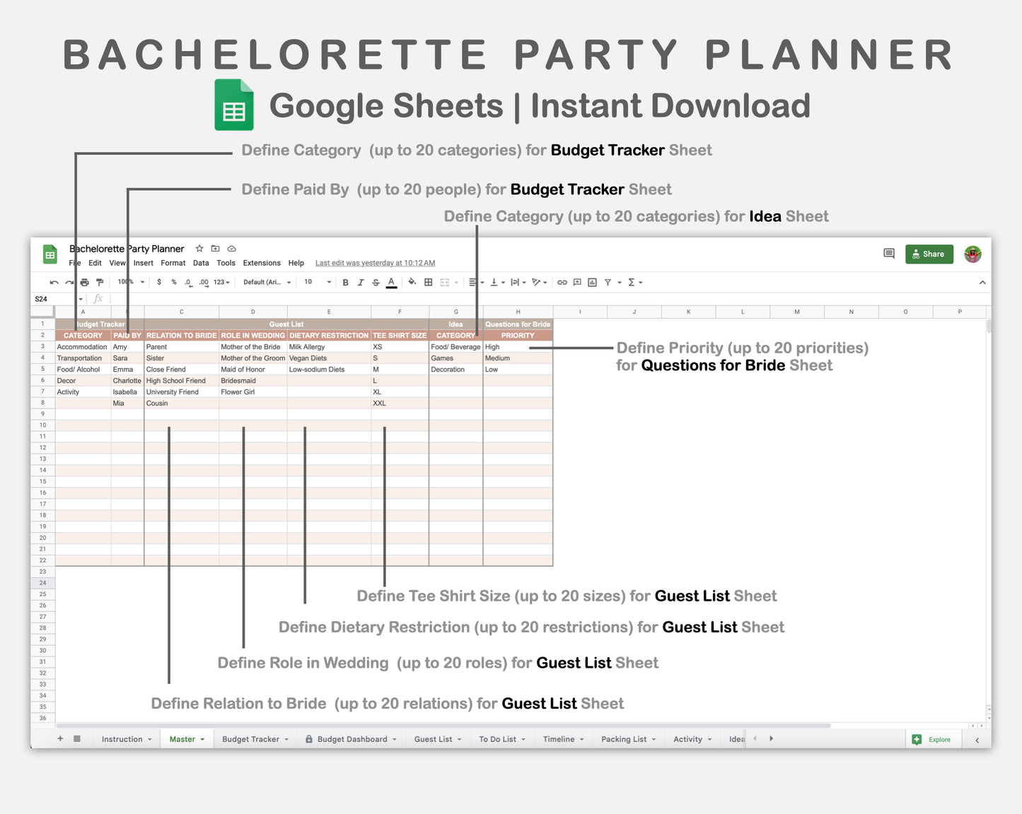 Google Sheets - Bachelorette Party Planner - Neutral