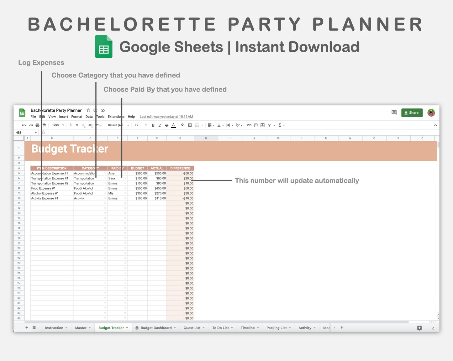 Google Sheets - Bachelorette Party Planner - Neutral