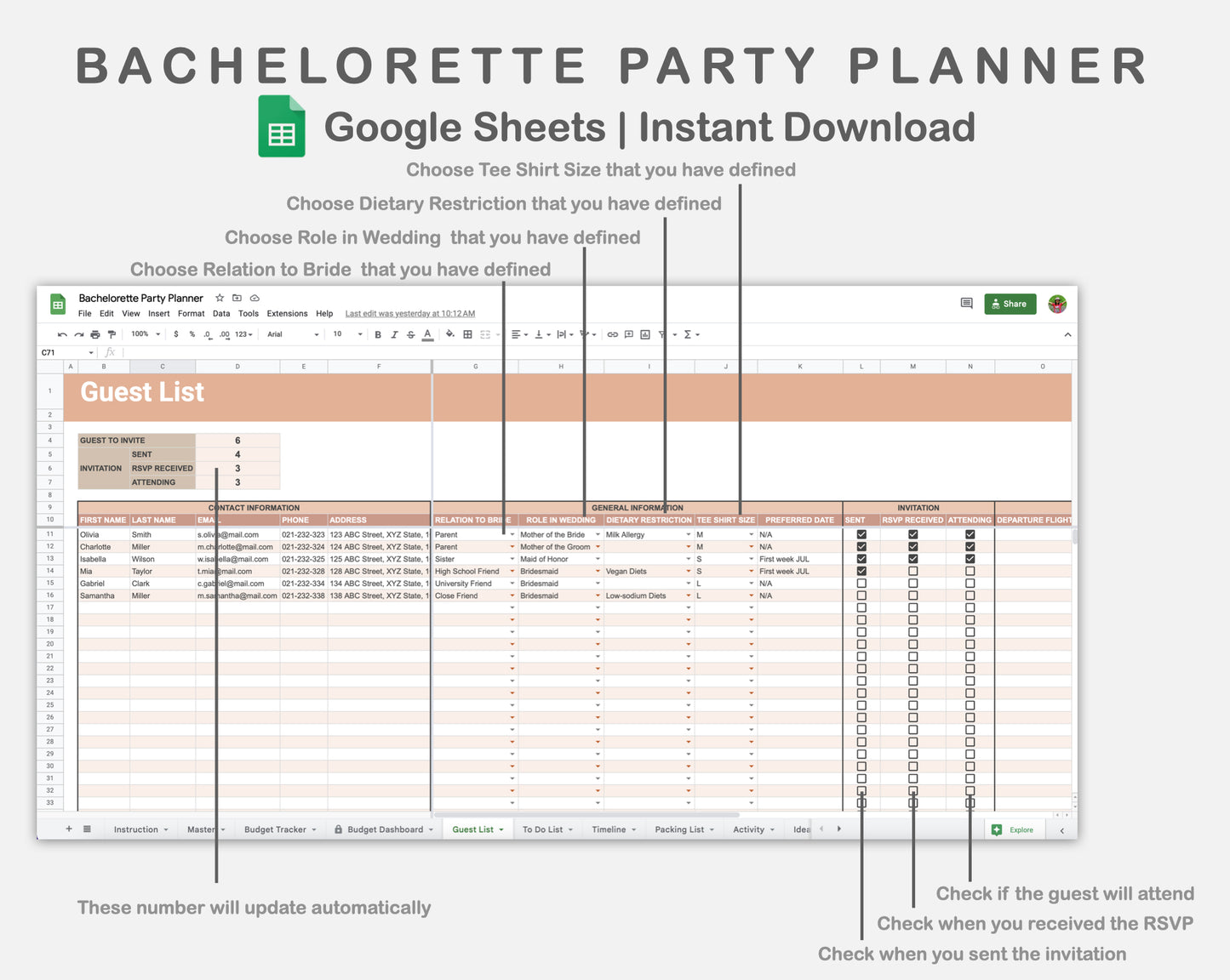 Google Sheets - Bachelorette Party Planner - Neutral
