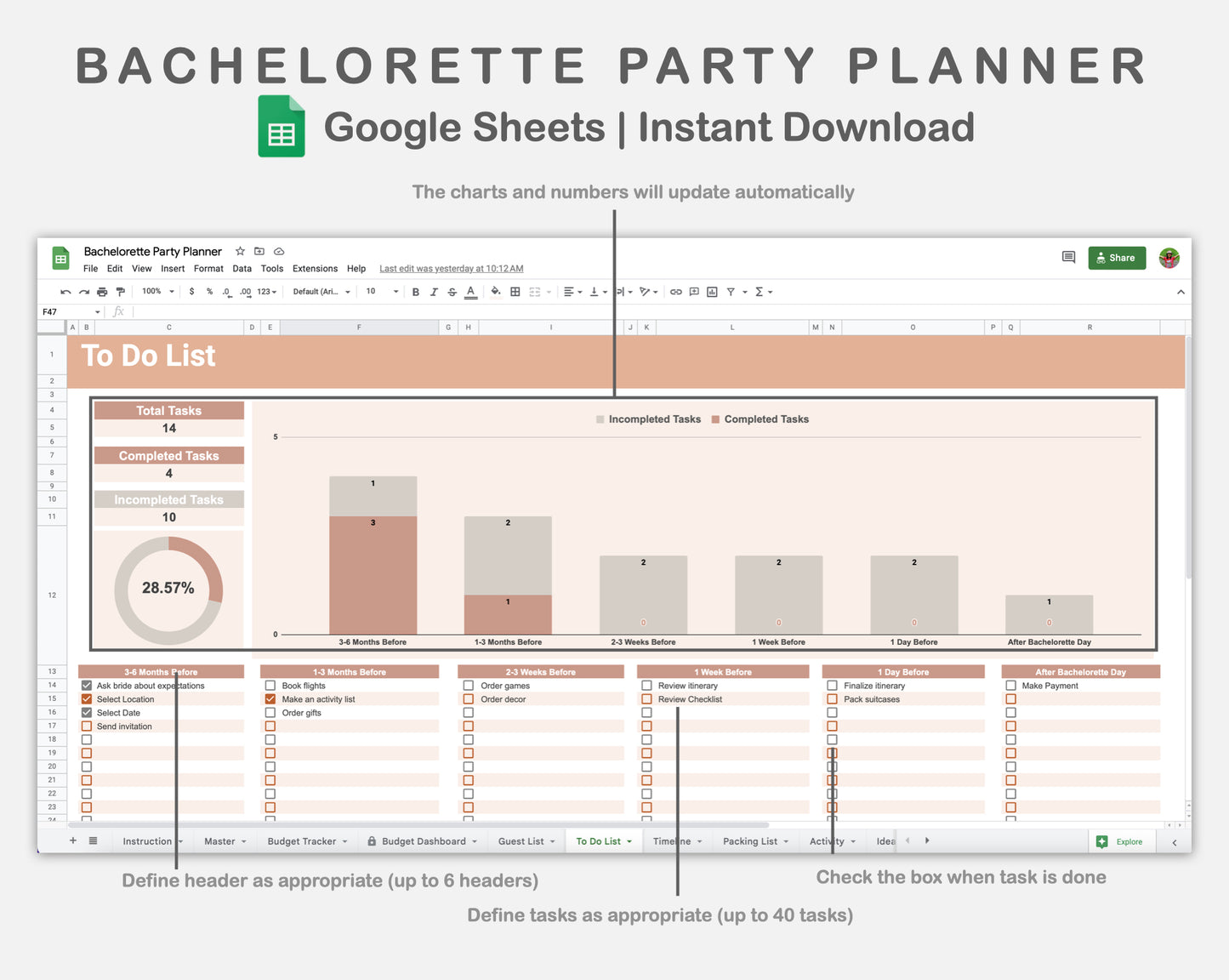 Google Sheets - Bachelorette Party Planner - Neutral