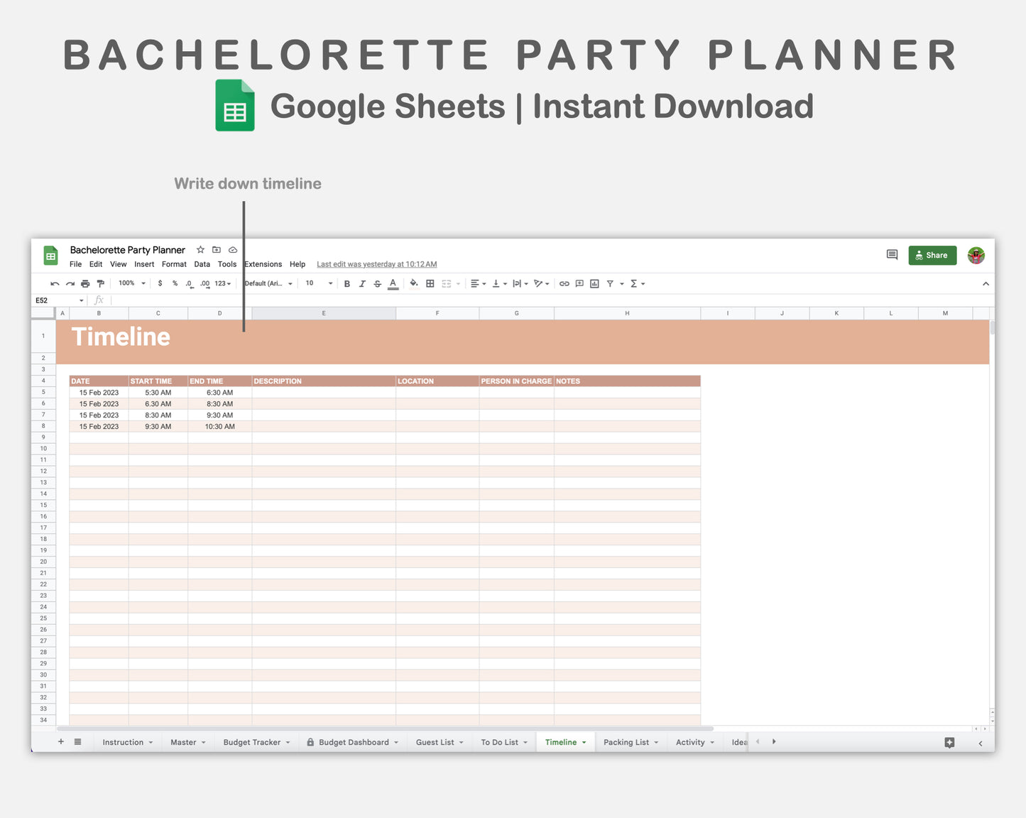 Google Sheets - Bachelorette Party Planner - Neutral