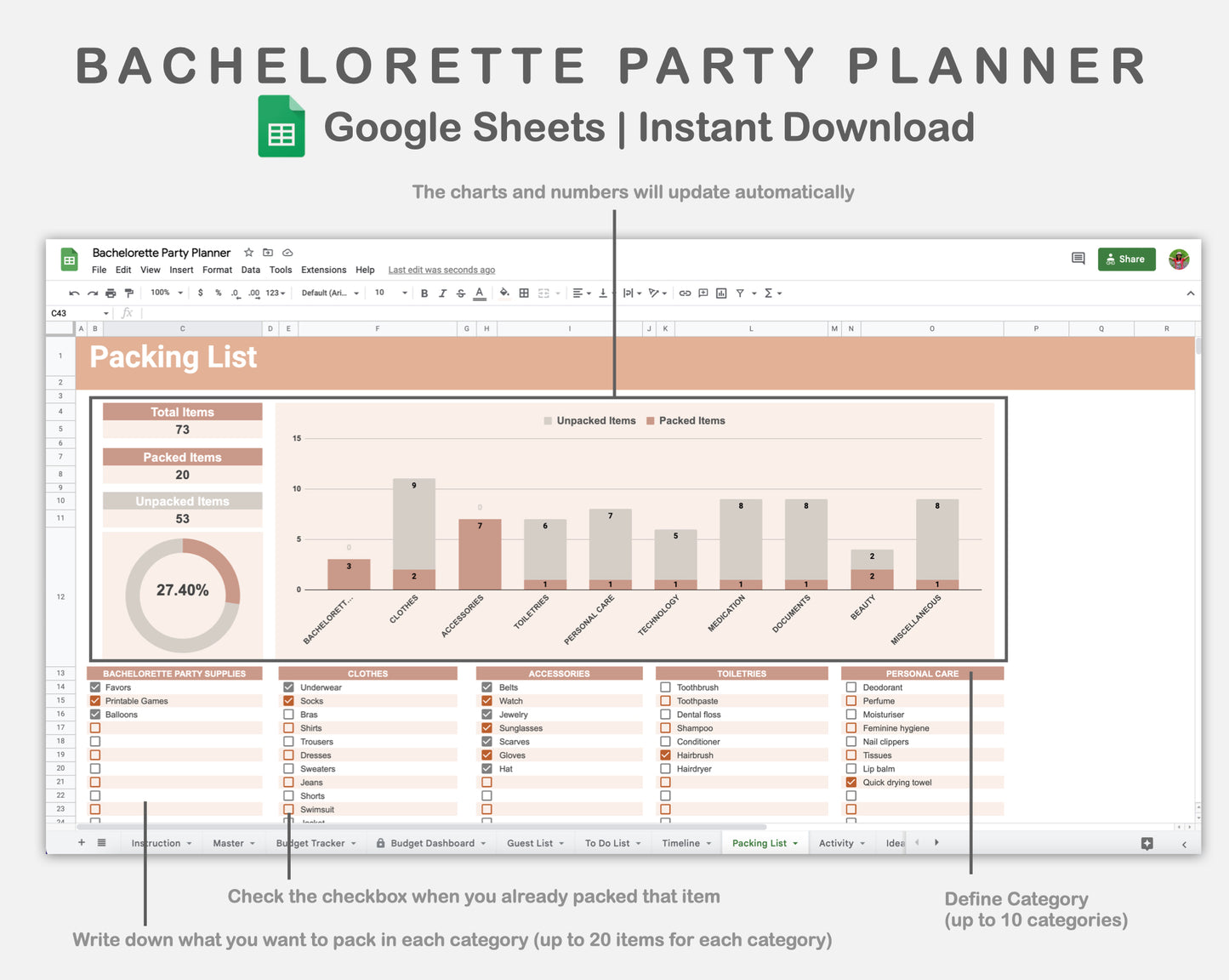 Google Sheets - Bachelorette Party Planner - Neutral