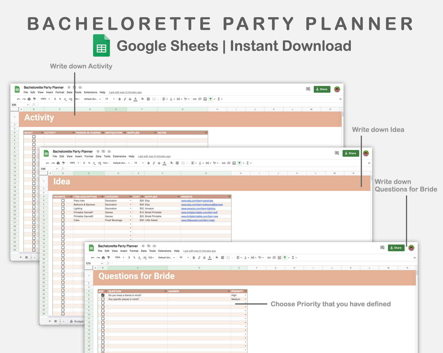 Google Sheets - Bachelorette Party Planner - Neutral