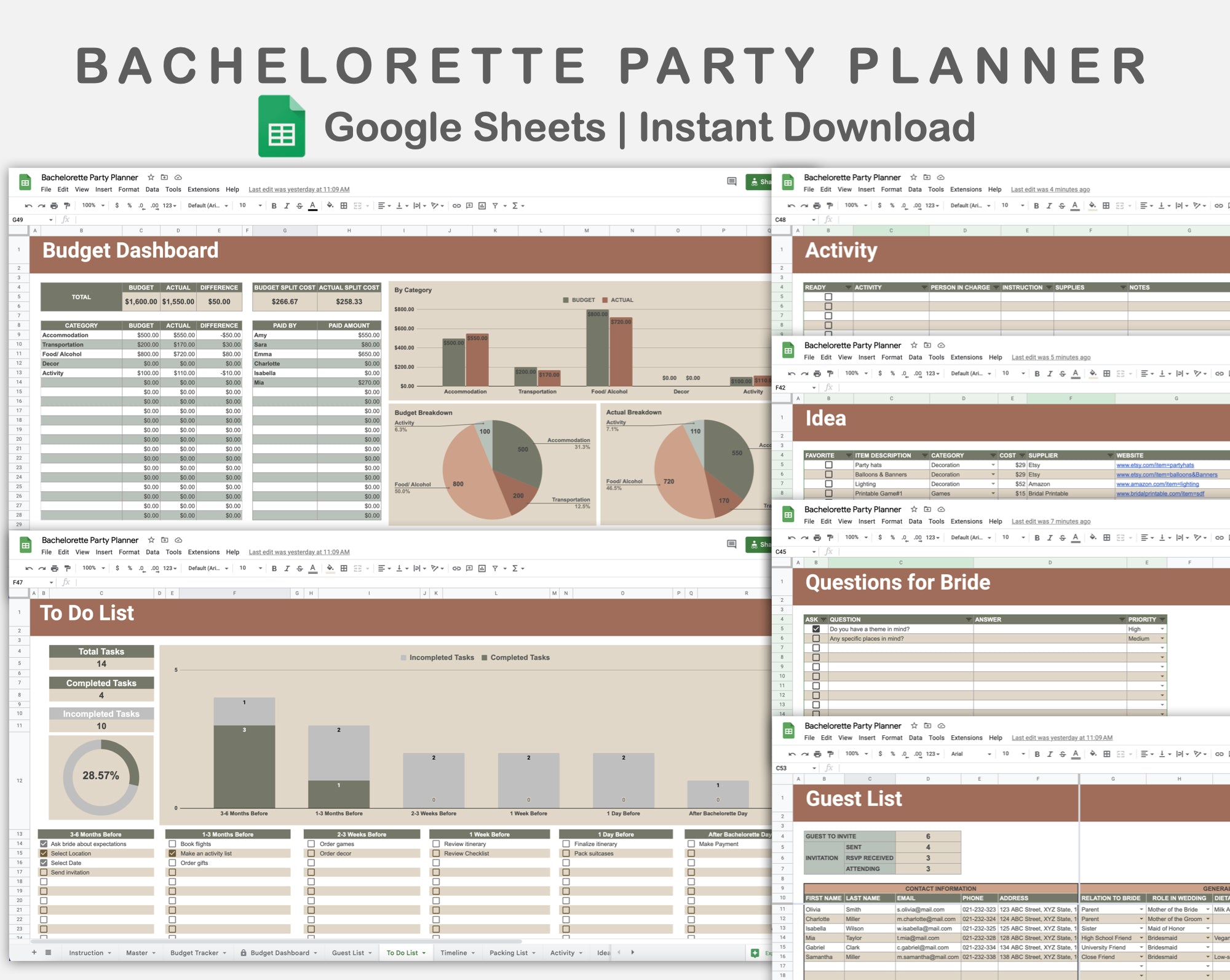 Google Sheets Bachelorette Party Planner Earthy Kjunstudio