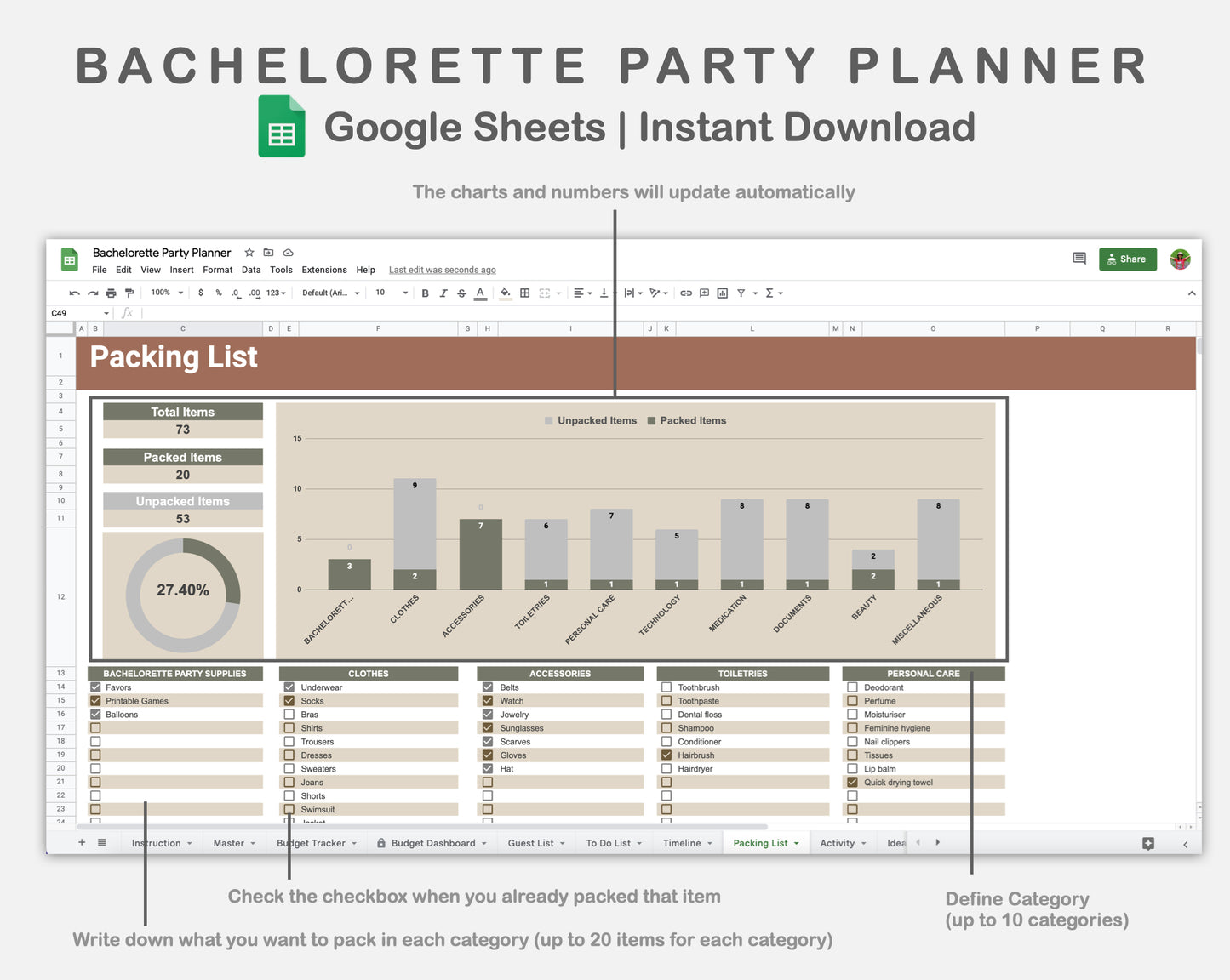 Google Sheets - Bachelorette Party Planner - Earthy