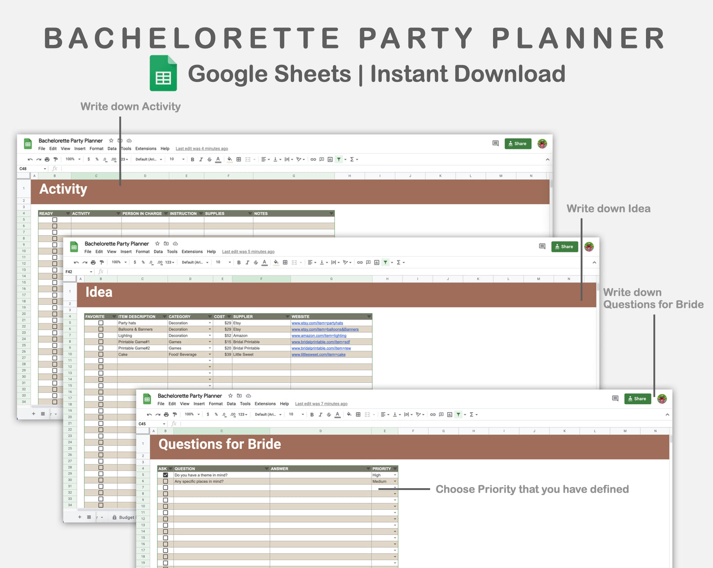 Google Sheets - Bachelorette Party Planner - Earthy