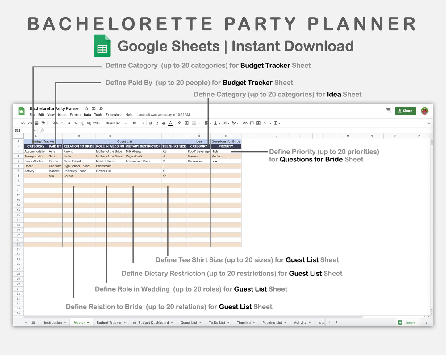 Google Sheets - Bachelorette Party Planner - Sweet