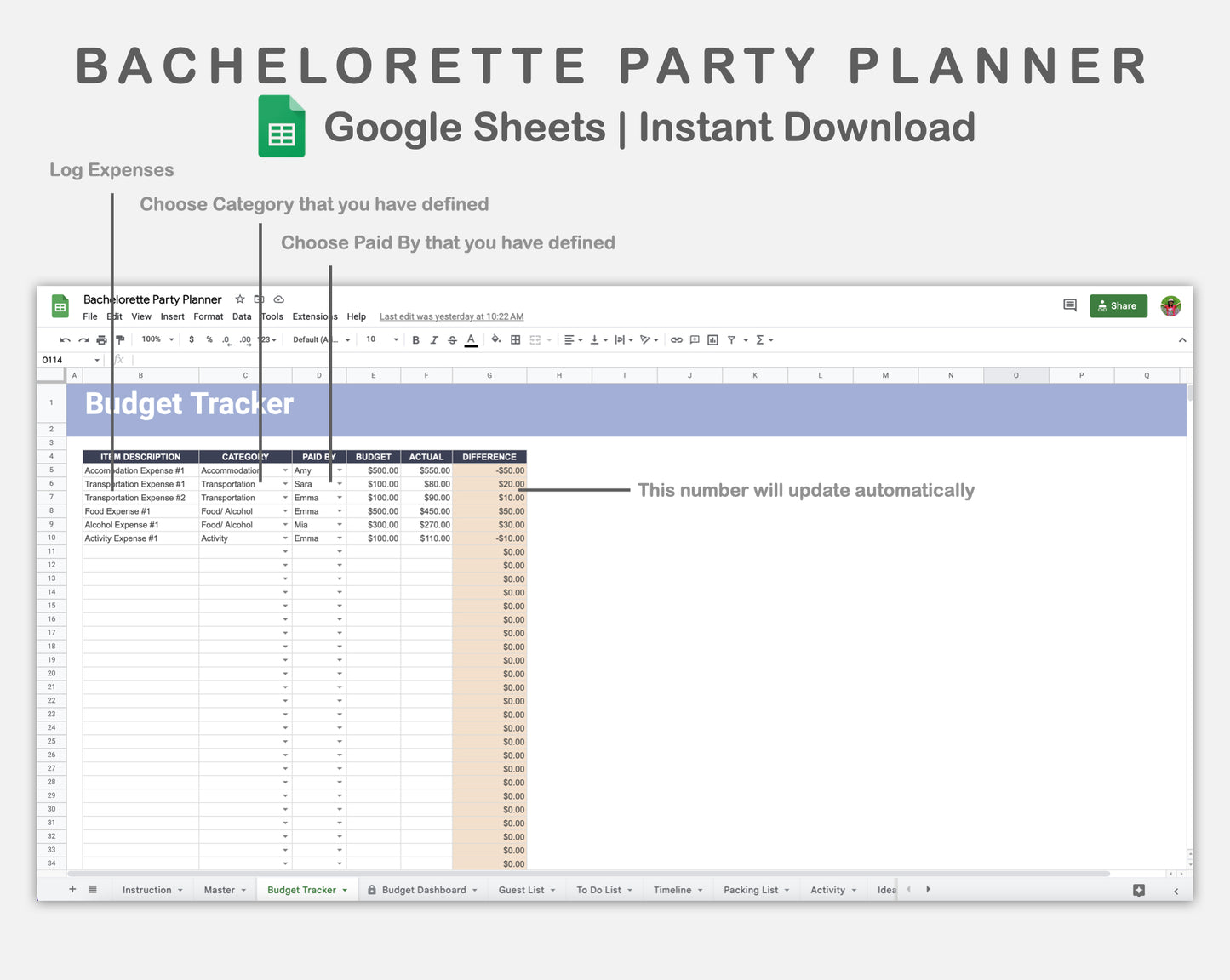 Google Sheets - Bachelorette Party Planner - Sweet