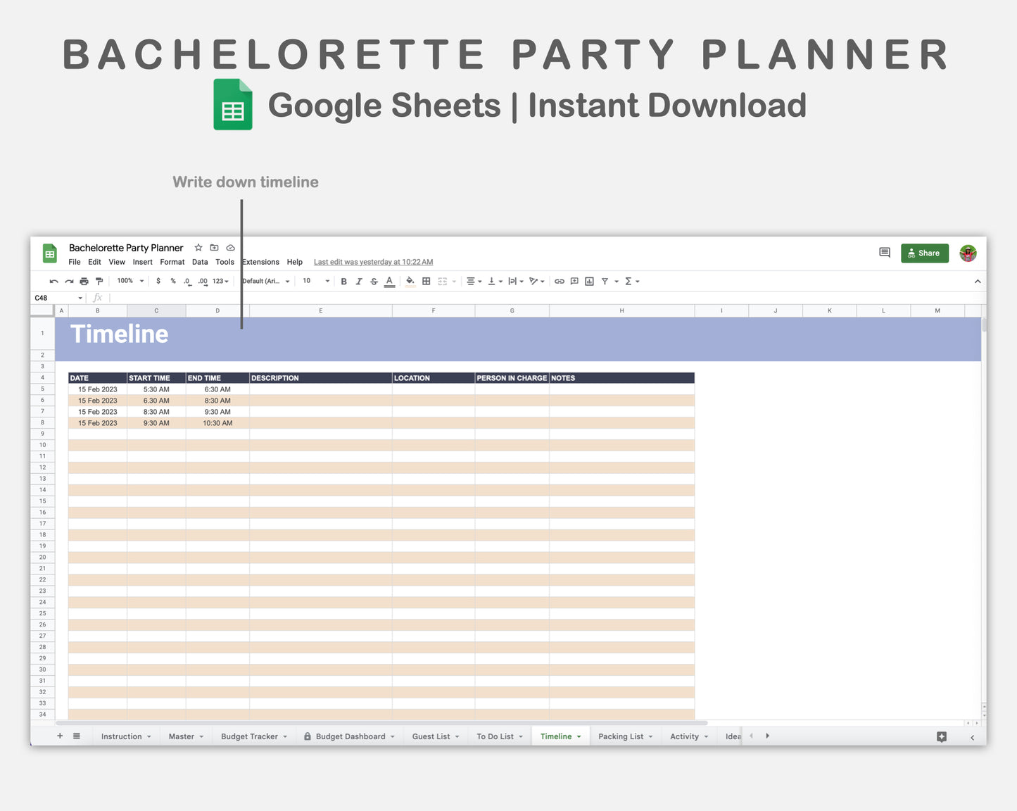 Google Sheets - Bachelorette Party Planner - Sweet