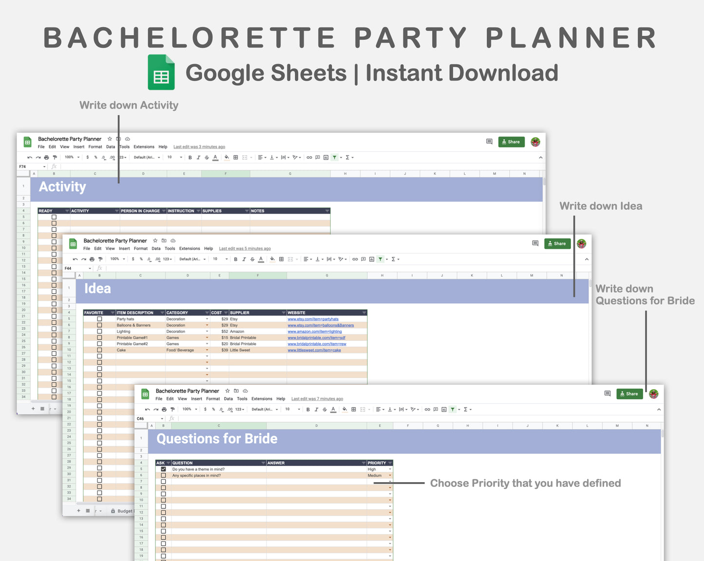 Google Sheets - Bachelorette Party Planner - Sweet