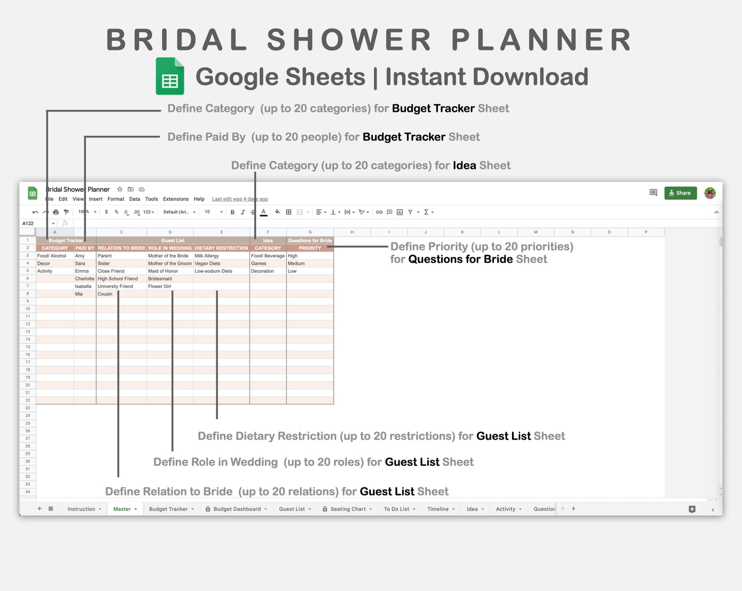 Google Sheets - Bridal Shower Planner - Neutral