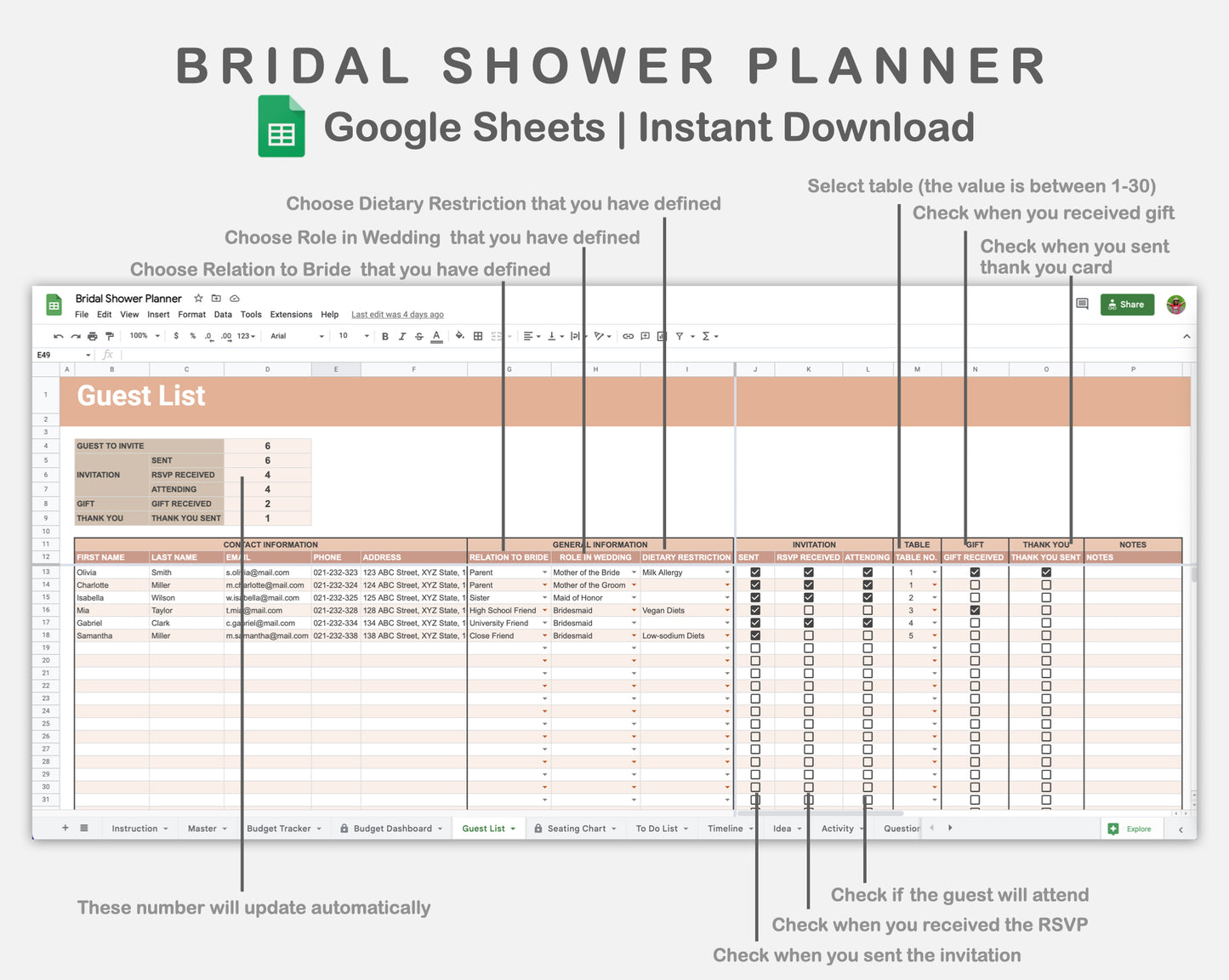 Google Sheets - Bridal Shower Planner - Neutral