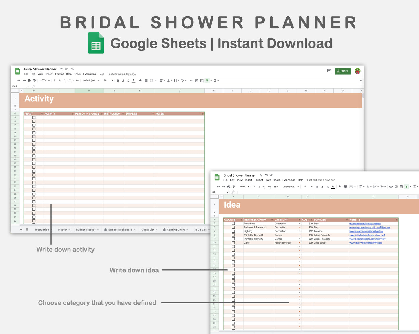 Google Sheets - Bridal Shower Planner - Neutral