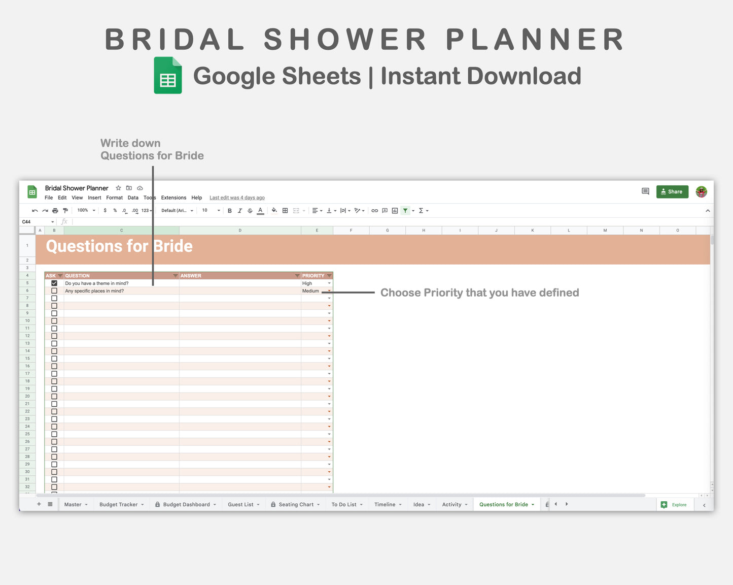 Google Sheets - Bridal Shower Planner - Neutral