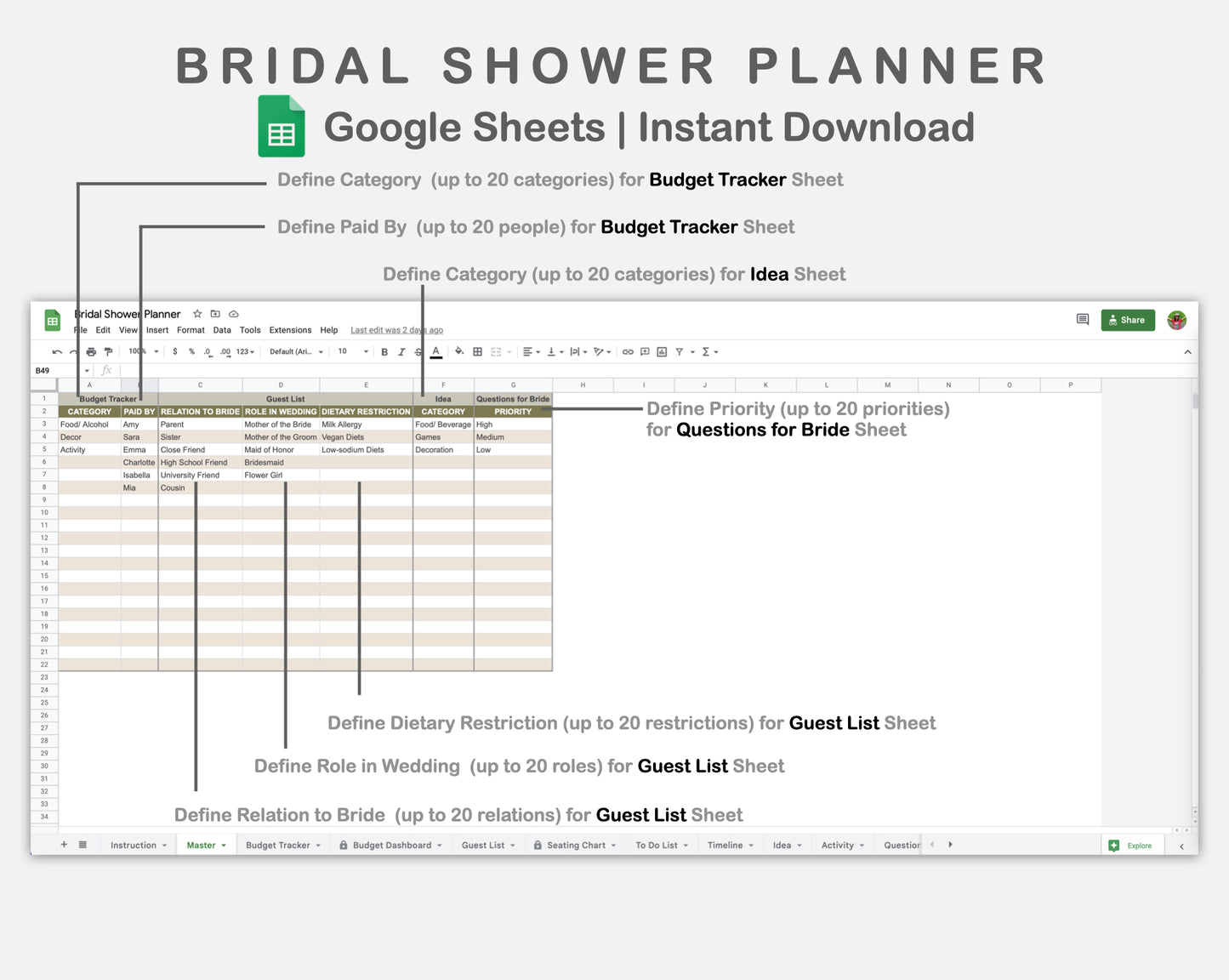 Google Sheets - Bridal Shower Planner - Boho