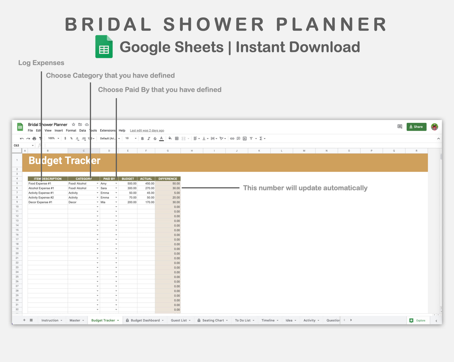 Google Sheets - Bridal Shower Planner - Boho