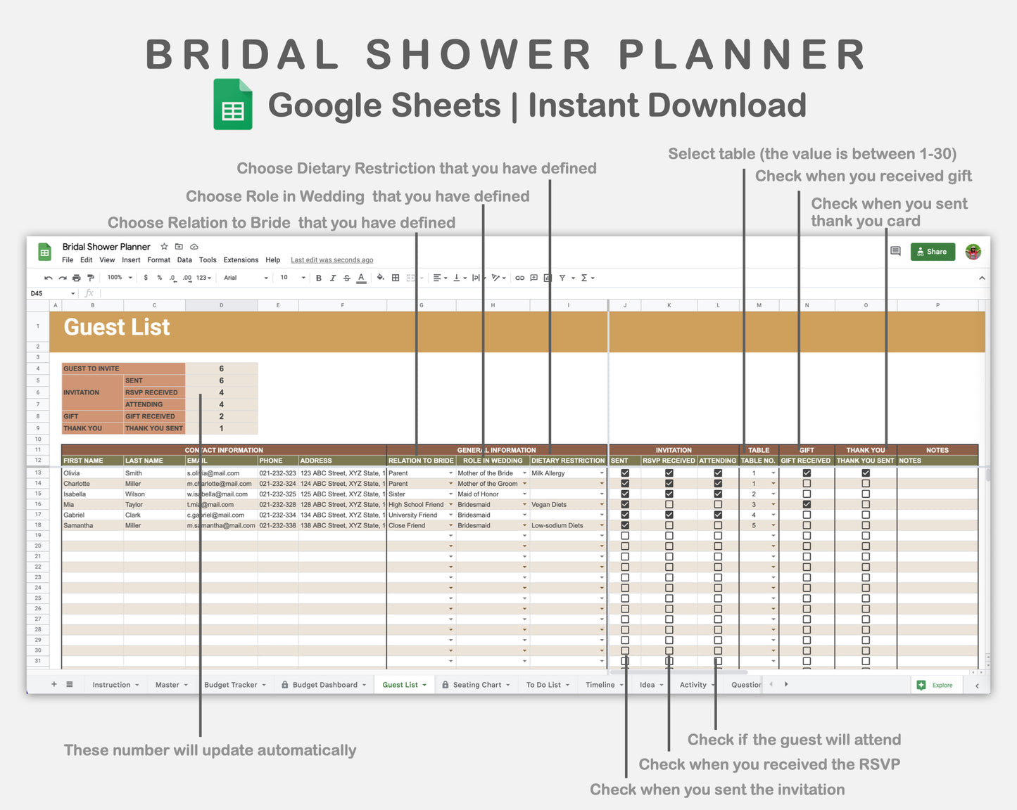 Google Sheets - Bridal Shower Planner - Boho