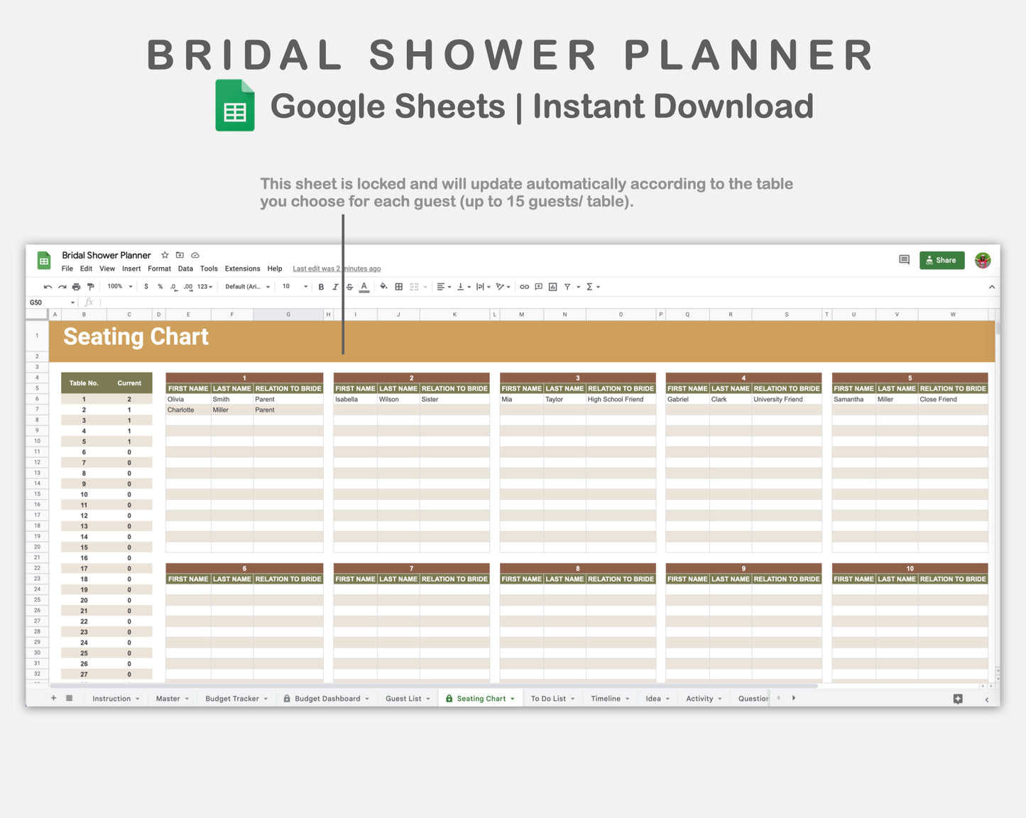Google Sheets - Bridal Shower Planner - Boho